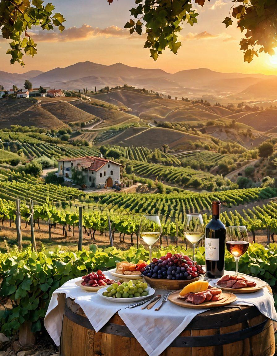 A scenic vineyard in Turkey, featuring rows of grapevines with ripe grapes glistening in the sun, alongside a rustic wooden wine barrel and an elegantly set table adorned with traditional Turkish dishes like mezes and grilled meats. A couple clinking glasses of wine, with picturesque hills and a sunset in the background creating a warm and inviting atmosphere. super-realistic. vibrant colors. warm tones.