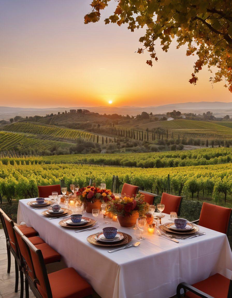 An elegantly set outdoor table overlooking rolling vineyards in Türkiye, adorned with traditional Turkish ceramics and an assortment of fine wines. Captivating sunset hues illuminate the scene, creating a warm invitation to sip and savor. Include local delicacies on the table and lush grapevines in the background. The atmosphere conveys a sense of cultural richness and warmth. super-realistic. vibrant colors. warm lighting.